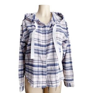 Millibon Stitch & Feather Plaid Pink Distressed Shacket Hoodie Hooded Shirt Boho